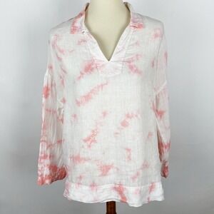 Rachel Zoe Linen Pink Tie Dye V Neck Long Sleeve Tunic Top Women's Size‎ Medium
